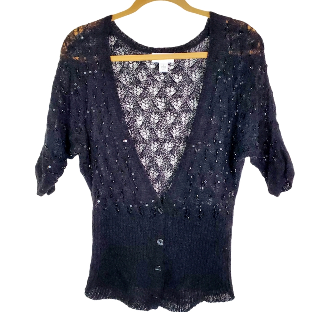Loft Ann Taylor Deep V Half Sleeve Sparkly Bead Sequin Cardigan Black Sz S